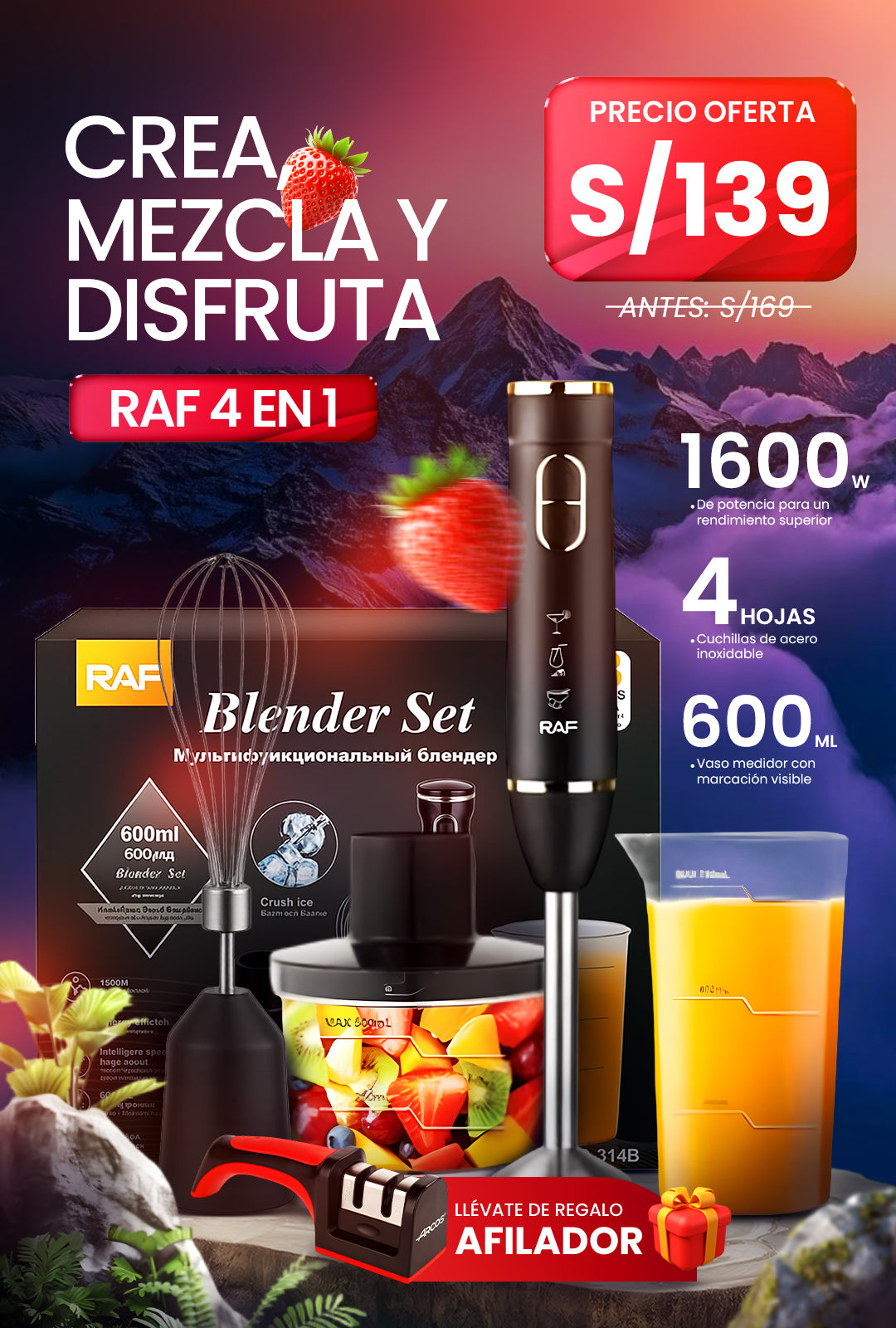 Batidora y Licuadora de Inmersión Raf 4 en 1